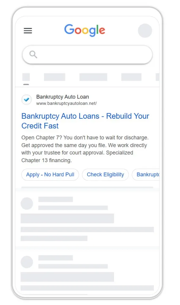 What the customer sees on Google: a Bankruptcy Auto Loan search ad