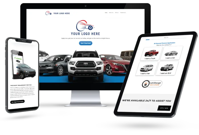 A dealership-branded landing page on desktop, tablet and phone, with the dealer's logo where 'Your logo here' appears